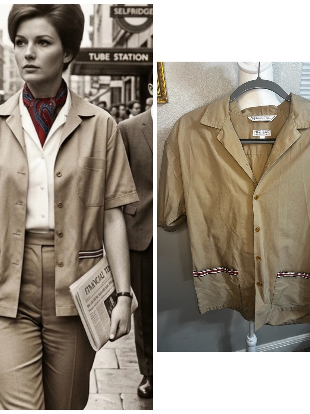 Vintage Christian Dior Work Shirt Button-Down Women's Large Tan, Blue White red